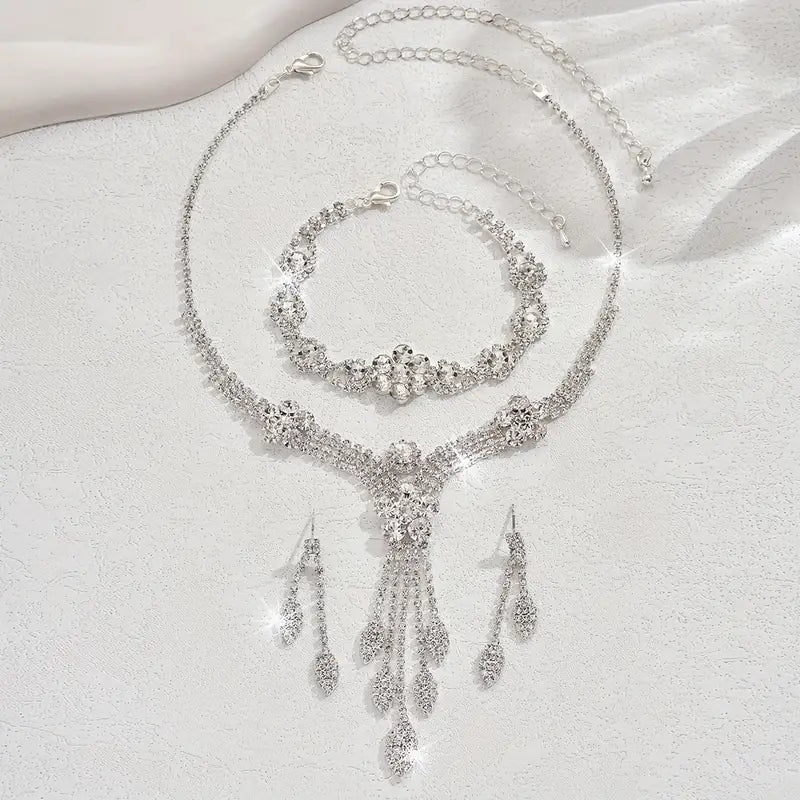 1 Necklace + 1 Pair of Earrings + 1 Bracelet New Simple Fashion Wedding Bridal Set Korean Style Jewelry Neck Chain
