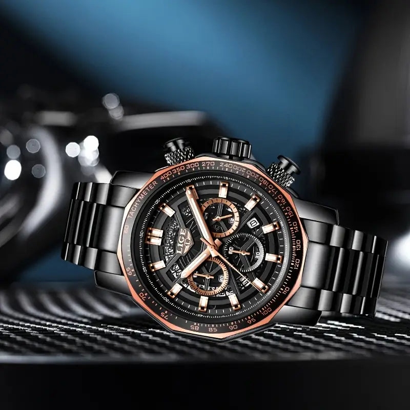 LIGE Men'S Quartz Watch - Business Style Chronograph with Date Display, Stainless Steel Strap, Golden & Black Options, Ideal Gift for Men, Formal Accessory | Modern Watch Design | Durable Watchband, LIGE
