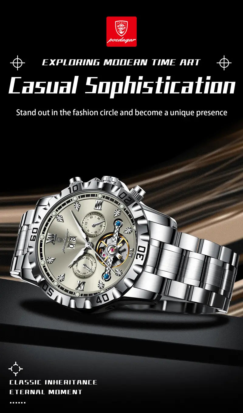 Poedagar Top Luxury Men'S and Women'S Watches, Date Automatic Week Men'S and Women'S Watches, Hollow Swirl Mechanical Stainless Steel