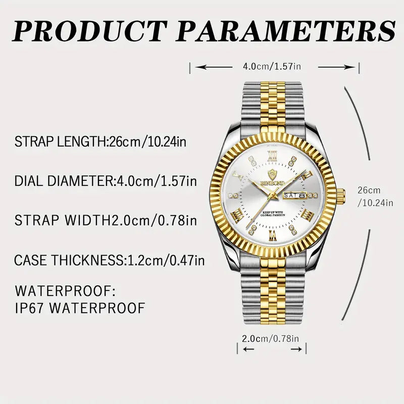 Men'S Casual Business Calendar Watch with Luminous Hands, Golden-Tone Alloy Case & Stainless Steel Strap - Waterproof, Battery-Powered, Date Display, Business Casual Wear|Luxurious Watch|Durable Watch