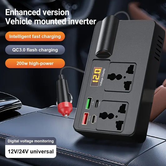 Car Electronic Device Universal Fast Charger with LED Display and 4 USB Ports, Vehicle Inverter Converter Plug 12V/24V to 220V Power Socket, Portable Power Adapter, Essential for Travel