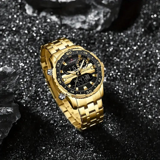 NAVIFORCE Fashion Brand Black Golden Men Watch Fashion Luxury Quartz Wrist Watches Sport 3ATM Waterproof Stainless Steel Strap
