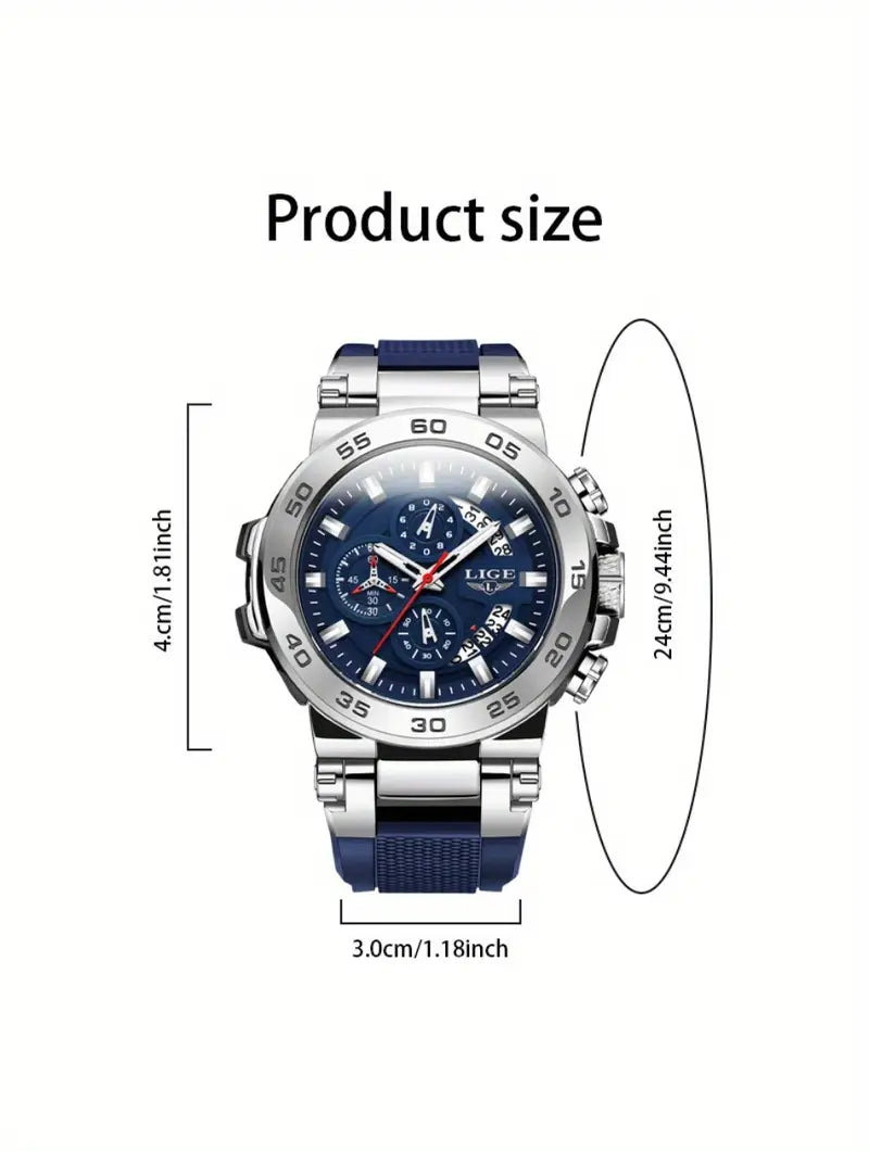 LIGE Men's Elegant Quartz Watch - Blue Dial, World Time, Stopwatch, Alarm, Silicone Strap, Zinc Alloy Case, Business Casual Style, Perfect Holiday Gift for Him, Versatile Wristwatch | Luminous Markers Watch | Silicone Strap Watch