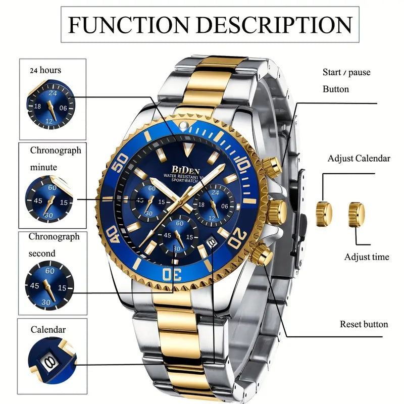 Luxury Stainless Steel Dive-Style Watch for Teens & Young Adults - 43 MM Analog Quartz Chronograph, 1181.1 inch Waterproof Fashion 'S Casual Watch with Blue & Golden Tone Strap, Business Style, Electronic Movet, Pointer Display, Quartz Watche