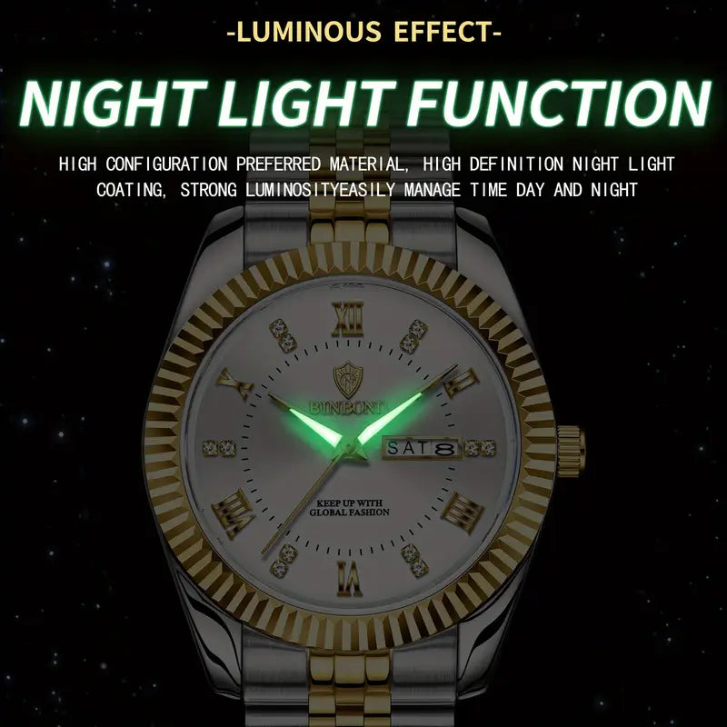 Men'S Casual Business Calendar Watch with Luminous Hands, Golden-Tone Alloy Case & Stainless Steel Strap - Waterproof, Battery-Powered, Date Display, Business Casual Wear|Luxurious Watch|Durable Watch