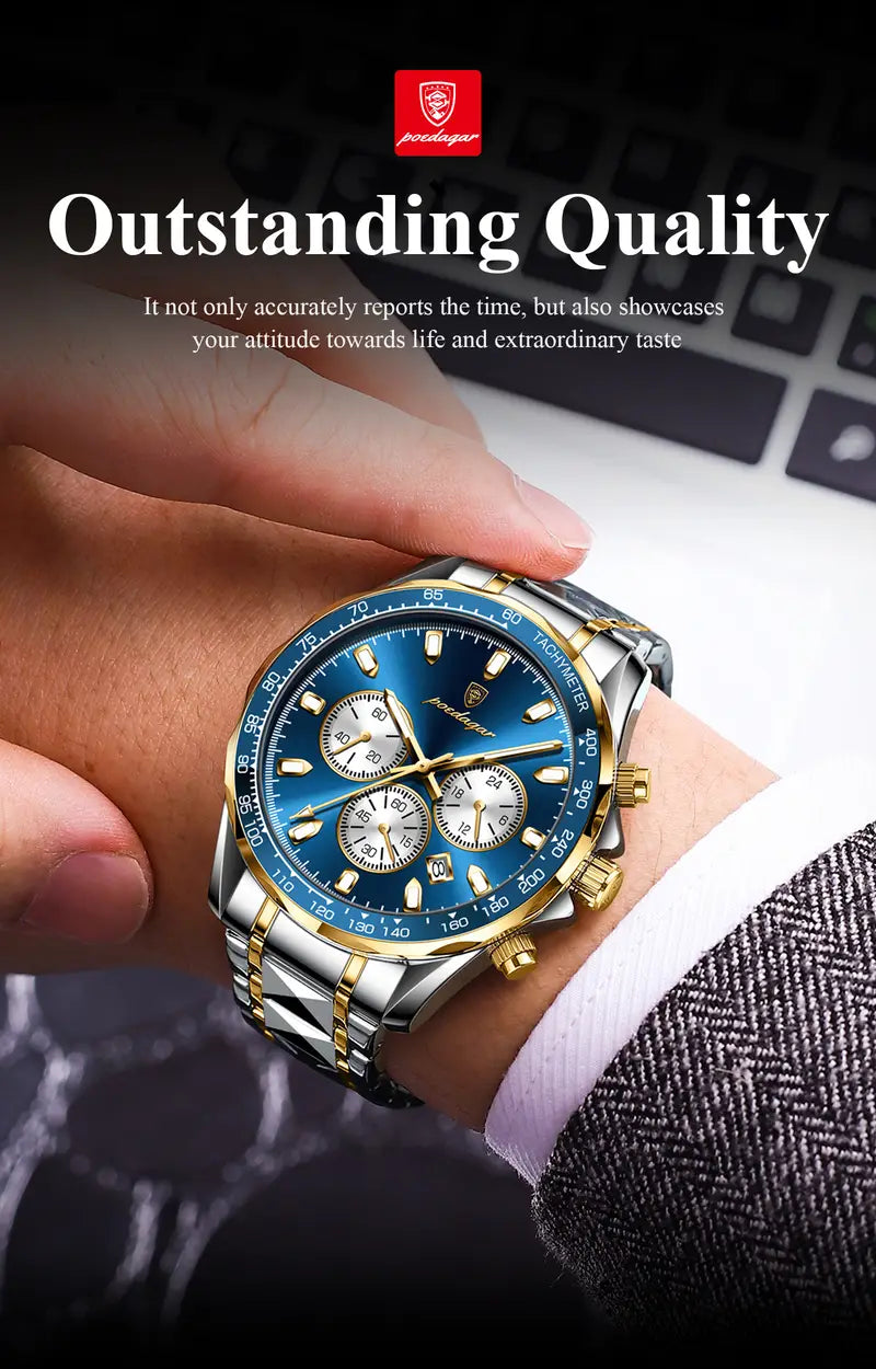 Poedagar Luxury Sports Men's Watch Waterproof Night Light Date Multi functional Timer Stainless Steel Strap Casual Fashion Quartz Material Men's Watch