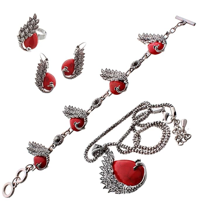 Lucky Jewellery Fancy Peacock Design Black Metal Silver Oxidised Locket Chain with Earring, Ring and Bracelet Set for Girls & Women (725-CHSO-LJ616-Parent)