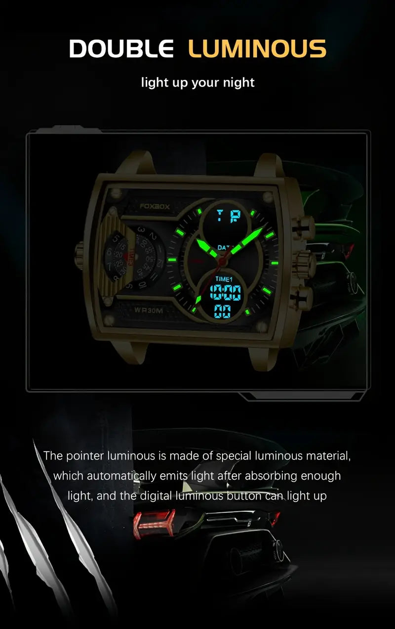 FOXBOX Elegant Women's Watch with Stainless Steel Mesh Strap, Dual Time Zone Display, Luminous Black Dial, Golden-Tone Square Case, IP68 High Quality, Quartz Movement, Bling Watch, Luxury Timepiece, Sleek Square Design, Durable Timepiece