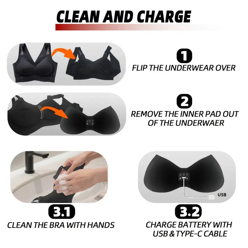 USB Rechargeable Smart Massage Hot Pad Bra, 1200mAh Lithium Battery | 5-Key Hidden Massage Cup Pad with 6 Massage Touch Points | 5 Realistic Hand Vibration Modes + 3-Speed Vibration Intensity Adjustment + Low Noise Design | 2-Level Constant Temperature