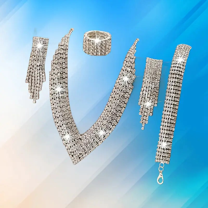 European And American High-End Fashion Luxury Business Bright Water Drop Earrings, Bracelets, Necklaces And Rings Set, Party Accessories