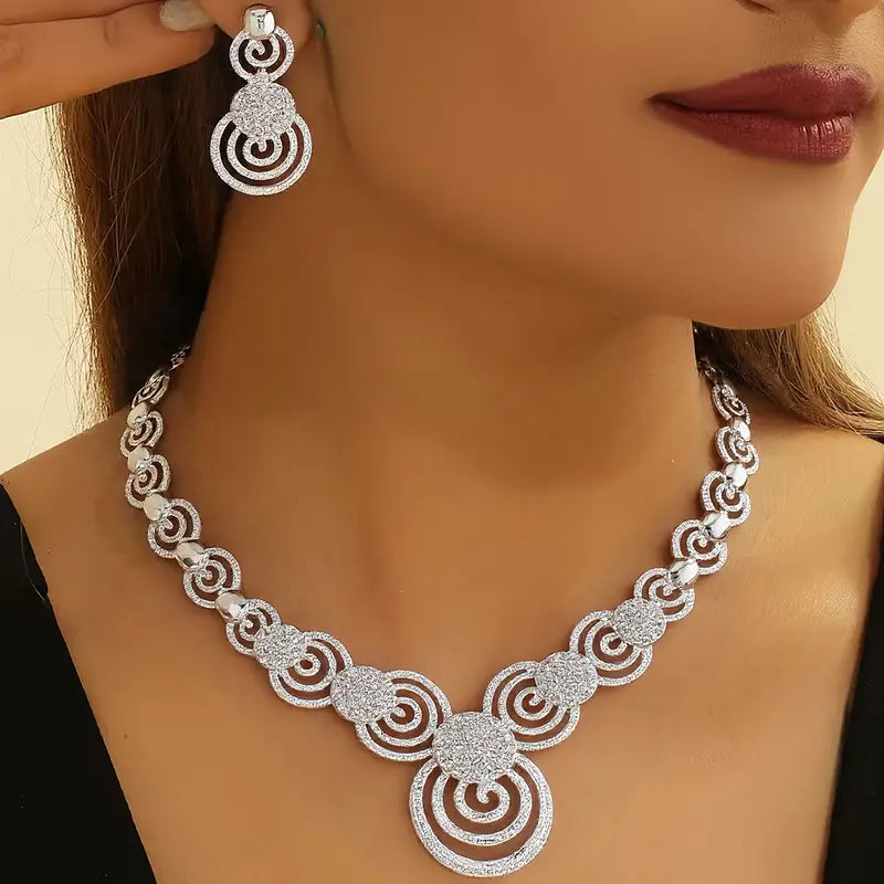 3pcs Rhinestone Golden Plated Necklace Earrings Set Women's Wedding Jewelry Vortex Necklace Earrings Gift Middle Eastern Jewelry