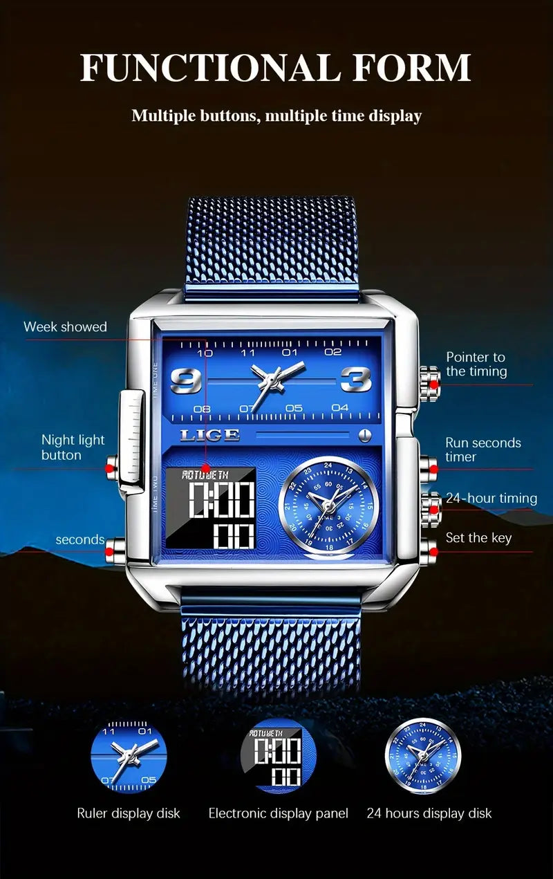 LIGE Men'S Quartz Digital Dual Display Timepiece with Mesh Strap, Square Case, Multi-Functional Design, Ideal for Students with Alarm Feature