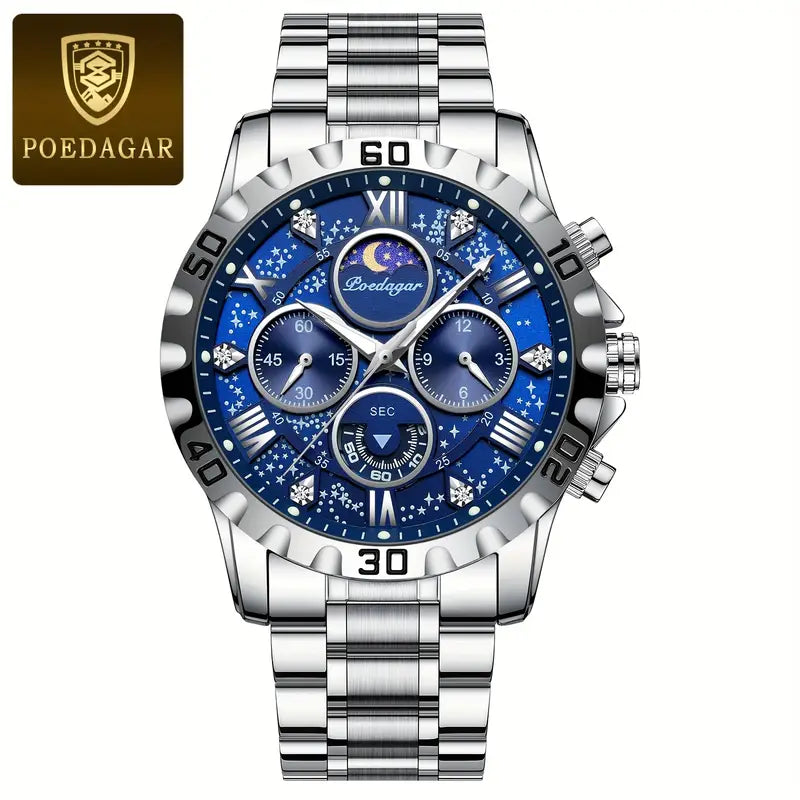 POEDAGAR 's Sporty Chronograph Watch - Luminous High Quality Stainless Steel Quartz Wristwatch with Date Calendar, Black Dial & Golden Markers for Casual & Formal Wear, Luxury Gift Item