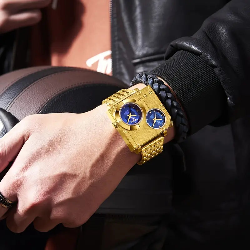 Oulm Large Dial Quartz Wrist Watch for Men - Stainless Steel Strap, Cool Handsome Style, 1181.1inch Water Resistance, Dual Time Zone Display, Electronic Movement, Business Casual Design