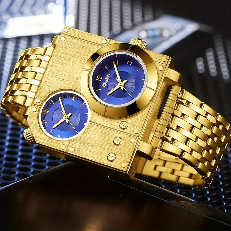 Oulm Large Dial Quartz Wrist Watch for Men - Stainless Steel Strap, Cool Handsome Style, 1181.1inch Water Resistance, Dual Time Zone Display, Electronic Movement, Business Casual Design