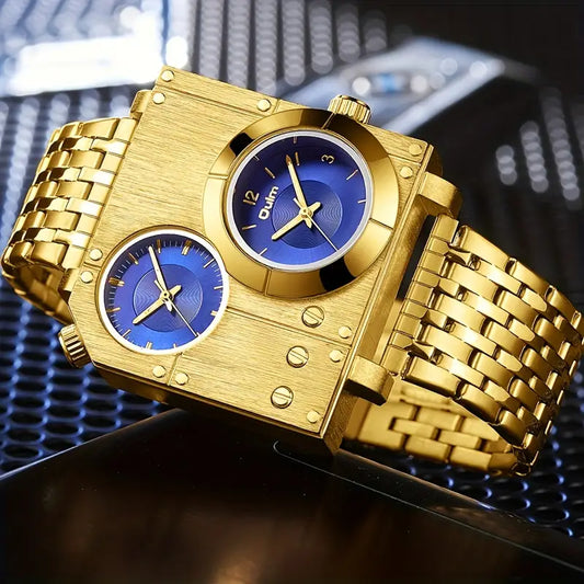 Oulm Large Dial Quartz Wrist Watch for Men - Stainless Steel Strap, Cool Handsome Style, 1181.1inch Water Resistance, Dual Time Zone Display, Electronic Movement, Business Casual Design