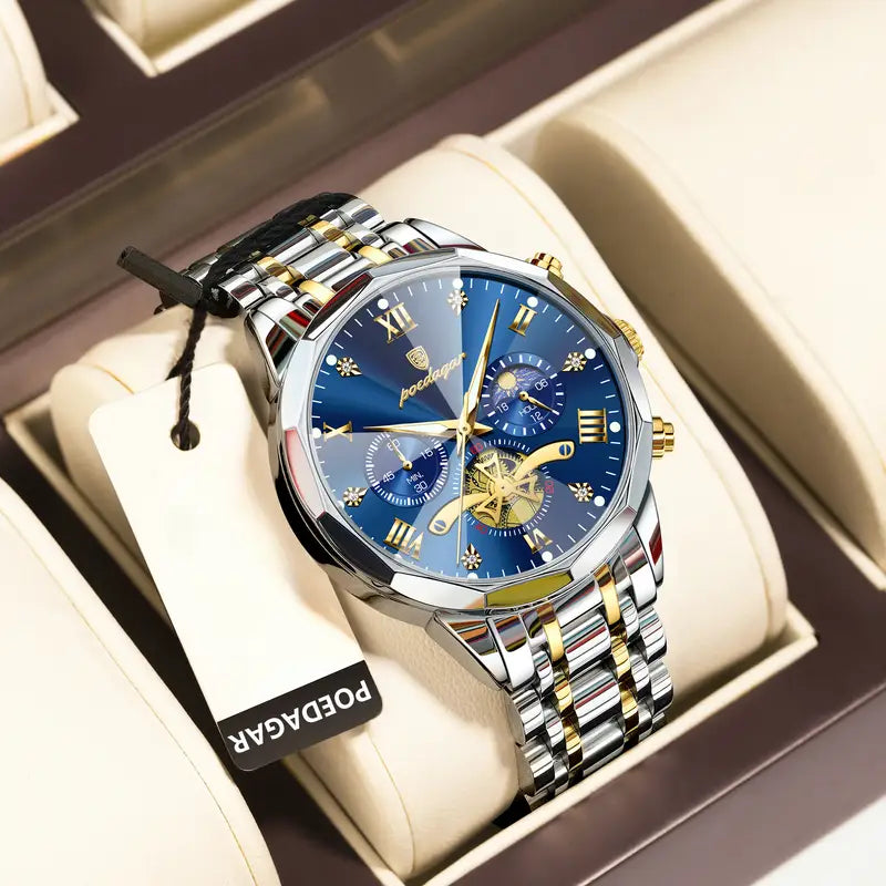 POEDAGAR 's Stainless Steel Watch with Chronograph, Date Display & Night Light - 3ATM High Quality Quartz Movet, Blue Dial & Golden Markers, Casual Style for Casual Attire, Luxury Timepiece, Sophisticated Design, Complicated Movet, Polished Finish