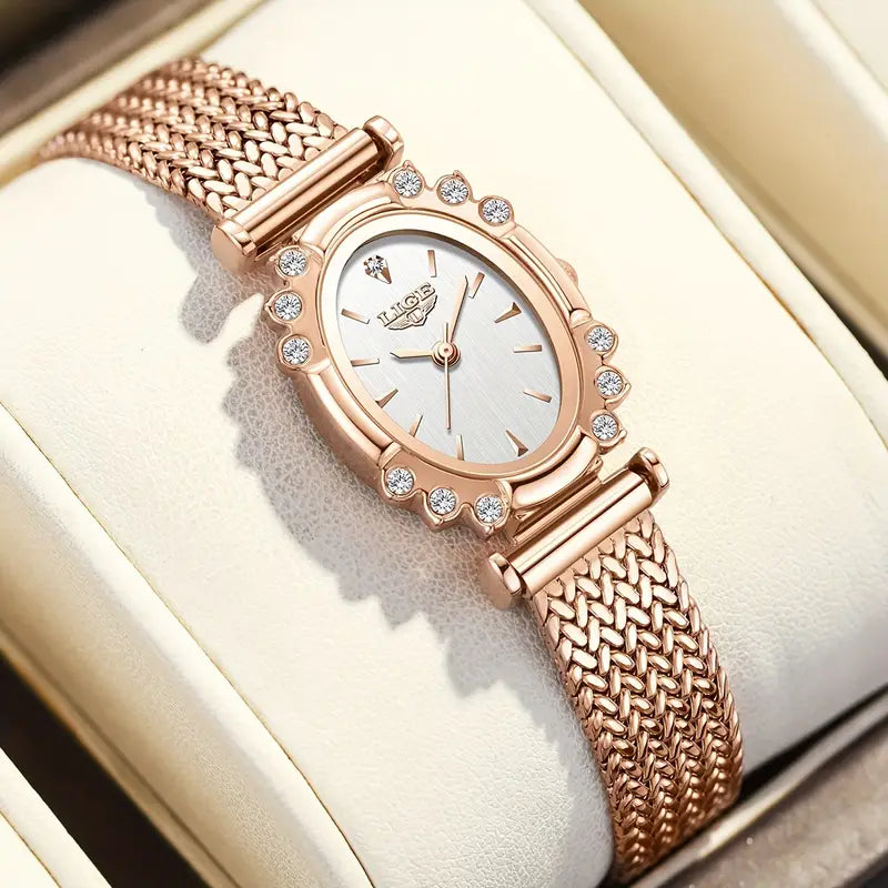LIGE Elegant Women'S Quartz Watch - Golden Silvery Bracelet, Classic Oval Dial Minimalist Dial for Everyday & Formal Wear - Luxury Watch Gift for Men/Women Birthday, Anniversary, Wedding occasions