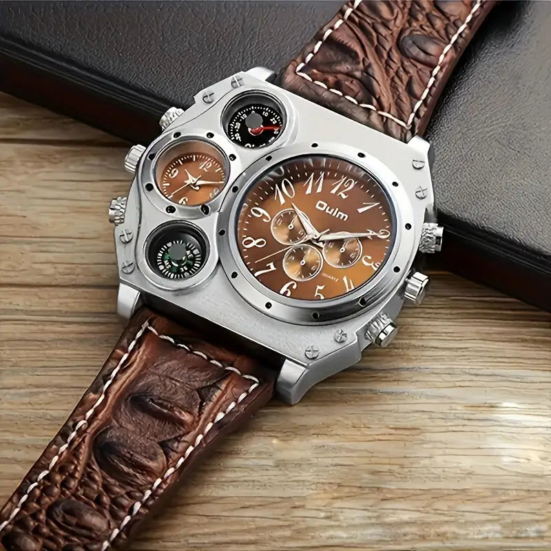 Men's Large Dial Dual Time Zone Sports Watch with Compass, Stainless Steel Case, Brown Faux Leather Strap - Fashionable Multifunctional Quartz Wristwatch, Ideal Gift, Watch Accessories