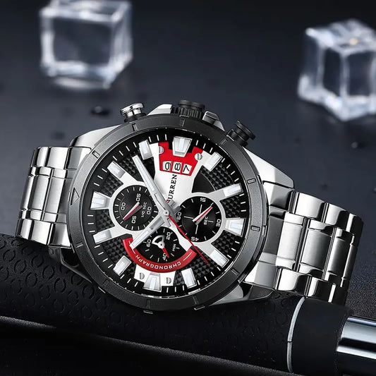 CURREN Men's Stainless Steel Chronograph Watch with Luminous Hands, Black Dial & Red Accents, Sporty Design, Date Display, Quartz Movement, Adjustable Crown, Perfect for Casual or Active Wear, Casual Timepiece | Luminous Hand Watch | Zinc Alloy Case