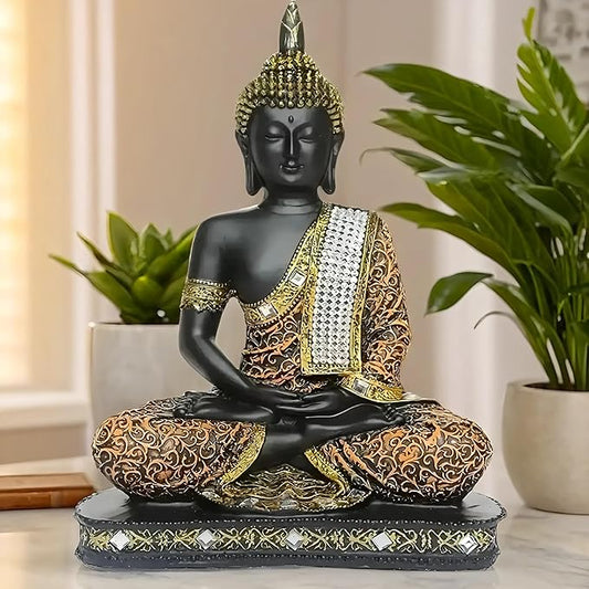 Global Grabbers New 25 Centimetre Meditating Sitting Buddha Statue showpiece Idol Home Decor Items for Living Room and Gifts (1, Orange Black)