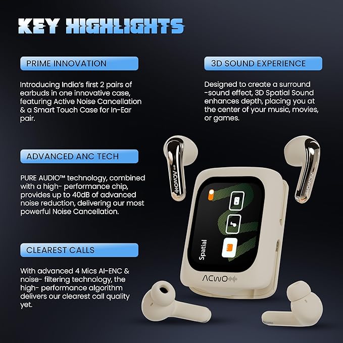 ACwO Fire Prime TWS Earbuds (in-Ear & Half-in-Ear in 1 Case) | Smart HD Display + 40DB ANC (in-Ear) | 80 Hrs Playtime | | 4 Mics AI-ENC | 3D Spatial Sound | BT V5.4 | Creme,Beige