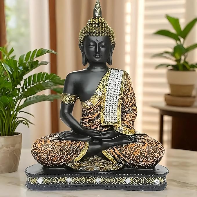 Global Grabbers New 25 Centimetre Meditating Sitting Buddha Statue showpiece Idol Home Decor Items for Living Room and Gifts (1, Orange Black)