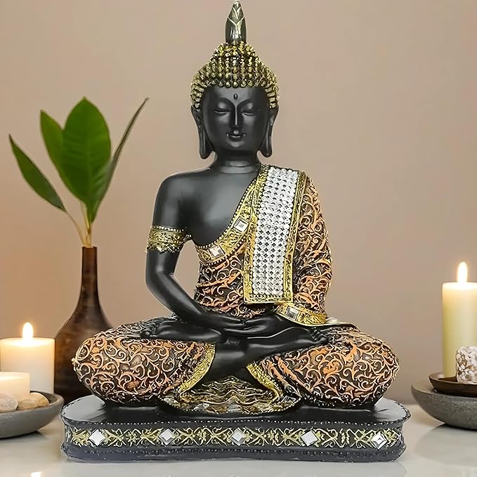 Global Grabbers New 25 Centimetre Meditating Sitting Buddha Statue showpiece Idol Home Decor Items for Living Room and Gifts (1, Orange Black)