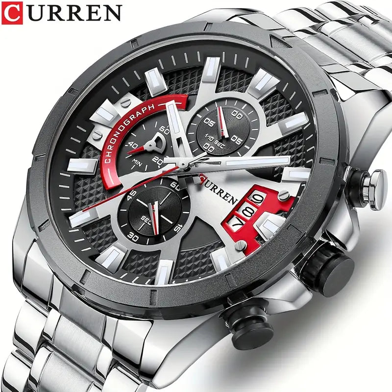 CURREN Men's Stainless Steel Chronograph Watch with Luminous Hands, Black Dial & Red Accents, Sporty Design, Date Display, Quartz Movement, Adjustable Crown, Perfect for Casual or Active Wear, Casual Timepiece | Luminous Hand Watch | Zinc Alloy Case