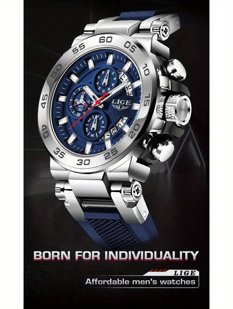 LIGE Men's Elegant Quartz Watch - Blue Dial, World Time, Stopwatch, Alarm, Silicone Strap, Zinc Alloy Case, Business Casual Style, Perfect Holiday Gift for Him, Versatile Wristwatch | Luminous Markers Watch | Silicone Strap Watch