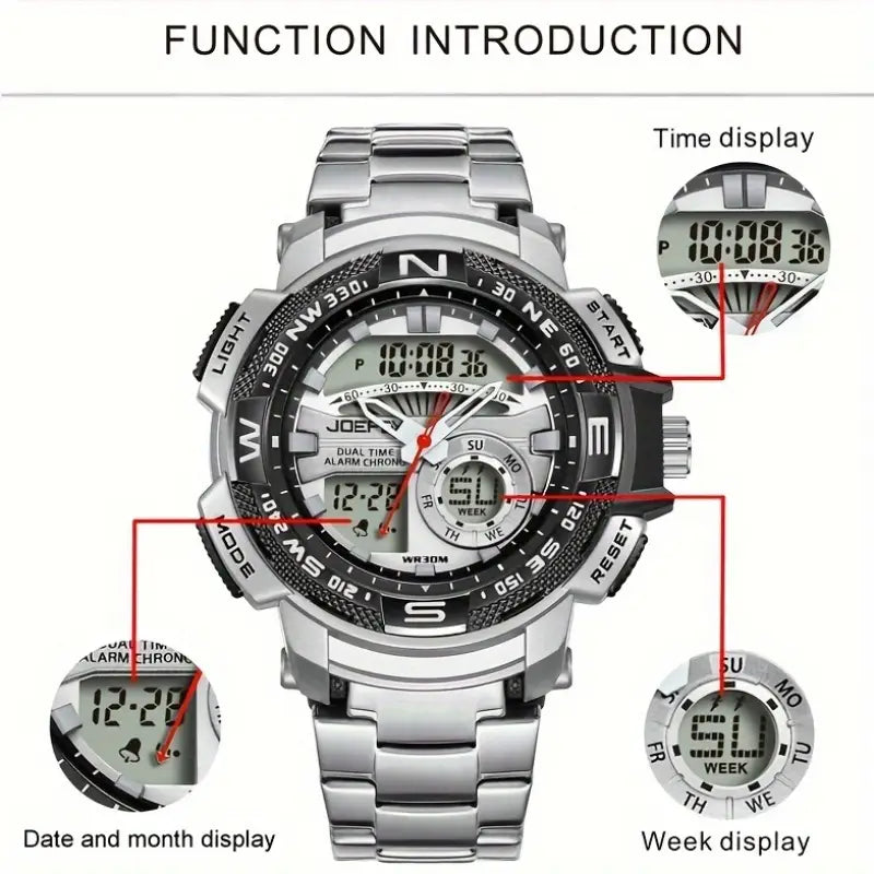 Men'S Golden-Tone Sports Watch with Stainless Steel Band, Dual Display (Analog & Digital), Alarm Clock, Stopwatch, and Glow Feature - Versatile Multifunctional Electronic Watch for Casual or Active Wear