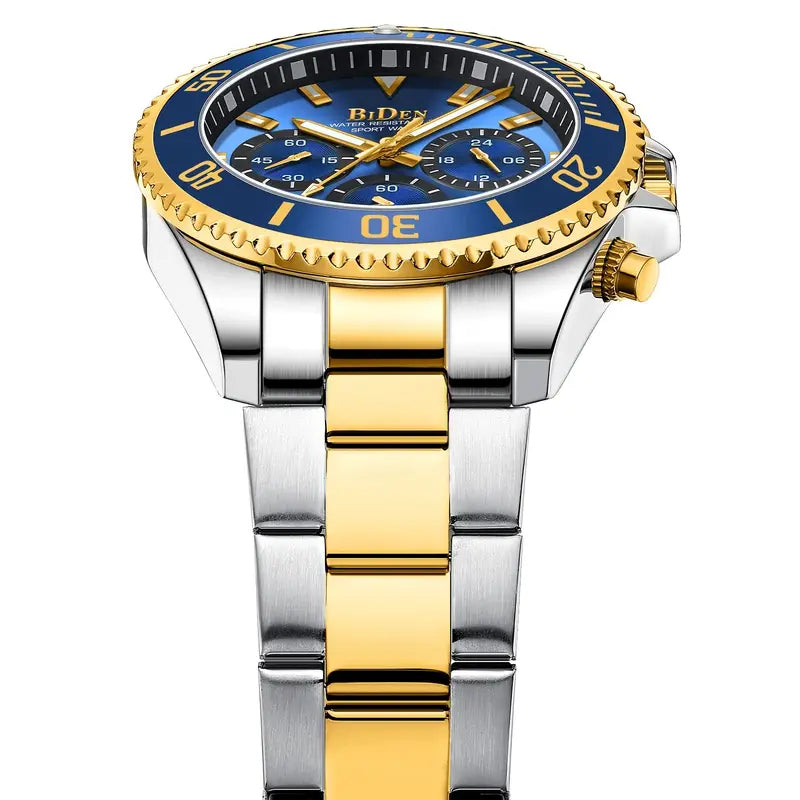 Luxury Stainless Steel Dive-Style Watch for Teens & Young Adults - 43 MM Analog Quartz Chronograph, 1181.1 inch Waterproof Fashion 'S Casual Watch with Blue & Golden Tone Strap, Business Style, Electronic Movet, Pointer Display, Quartz Watche