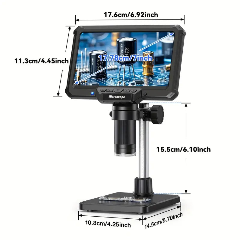7-Inch Digital Microscope, 1200X Magnification, 16MP HD Video, USB Rechargeable, Adjustable Magnification, Portable Design for Coins, PCB, Adults, PC View, Laboratory, Quality Control, Industrial Use, Sleek Microscope, Highresolution Optics