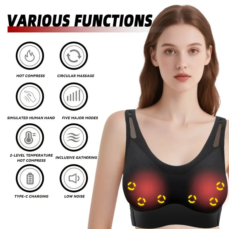 USB Rechargeable Smart Massage Hot Pad Bra, 1200mAh Lithium Battery | 5-Key Hidden Massage Cup Pad with 6 Massage Touch Points | 5 Realistic Hand Vibration Modes + 3-Speed Vibration Intensity Adjustment + Low Noise Design | 2-Level Constant Temperature