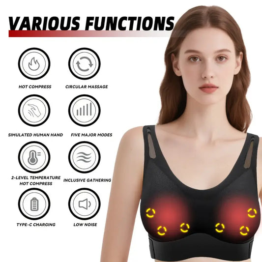 USB Rechargeable Smart Massage Hot Pad Bra, 1200mAh Lithium Battery | 5-Key Hidden Massage Cup Pad with 6 Massage Touch Points | 5 Realistic Hand Vibration Modes + 3-Speed Vibration Intensity Adjustment + Low Noise Design | 2-Level Constant Temperature