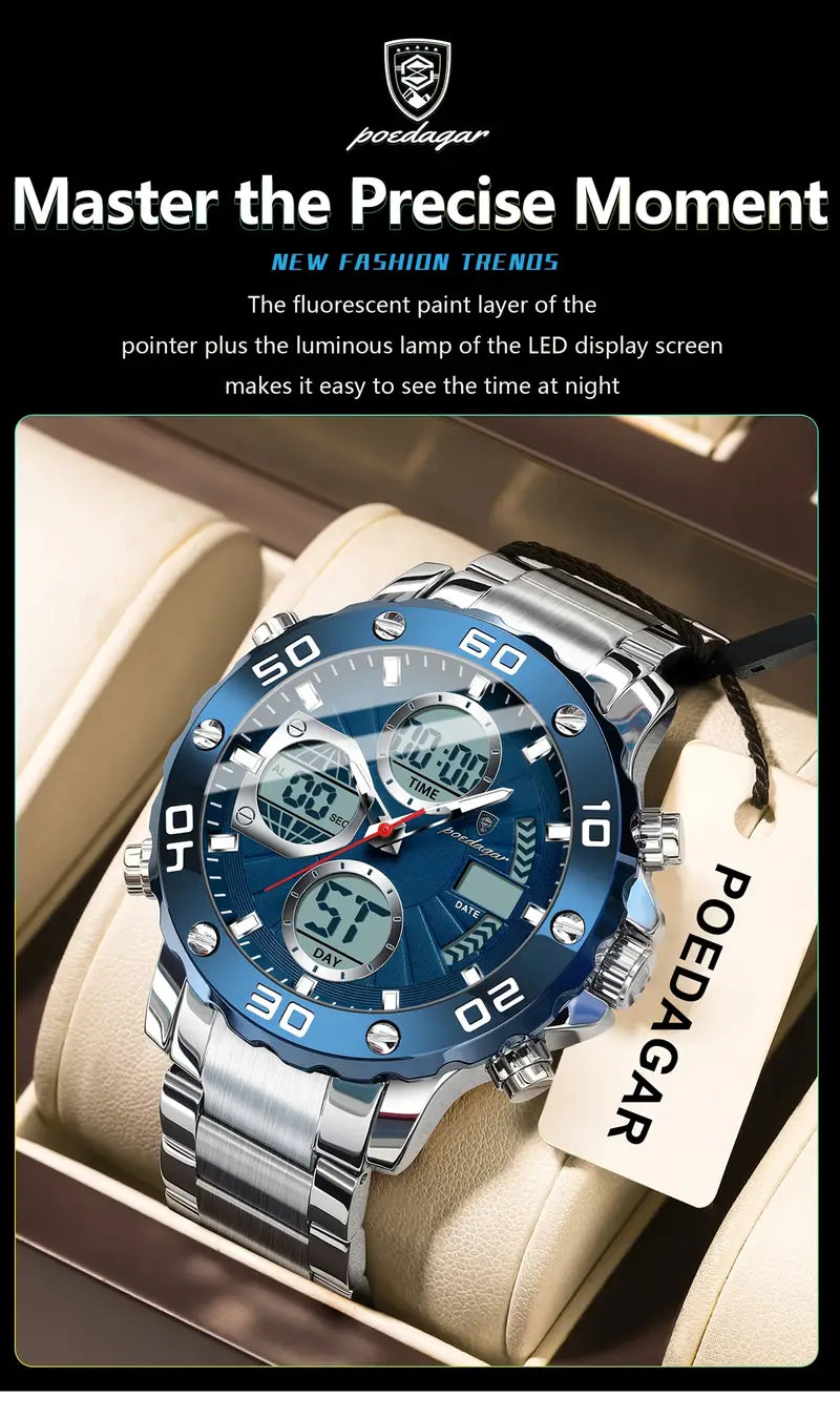 POEDAGAR Men'S Sports Watch, Stainless Steel Band, 3ATM, Digital Display, Alarm, Chronograph, Calendar, Multi-Function, Battery Powered, Non-Rechargeable, Alloy Case, Electronic Movement