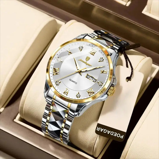 POEDAGAR Men'S Quartz Watch - Stainless Steel Band, Waterproof, Night Light, Date & Week Display, Elegant Golden-Tone Accents, Casual Style, Battery Operated, Elegant Timepiece | Golden Accents Watch | Quartz Movement Watch, POEDAGA