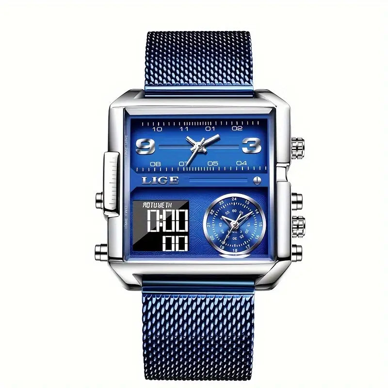 LIGE Men'S Quartz Digital Dual Display Timepiece with Mesh Strap, Square Case, Multi-Functional Design, Ideal for Students with Alarm Feature