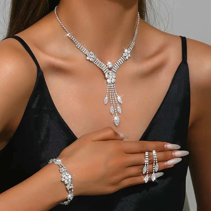 1 Necklace + 1 Pair of Earrings + 1 Bracelet New Simple Fashion Wedding Bridal Set Korean Style Jewelry Neck Chain