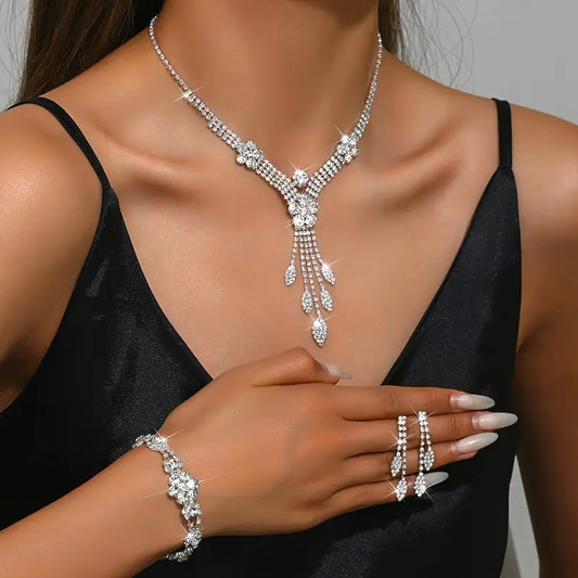 1 Necklace + 1 Pair of Earrings + 1 Bracelet New Simple Fashion Wedding Bridal Set Korean Style Jewelry Neck Chain