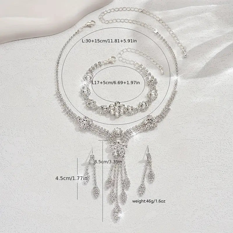 1 Necklace + 1 Pair of Earrings + 1 Bracelet New Simple Fashion Wedding Bridal Set Korean Style Jewelry Neck Chain