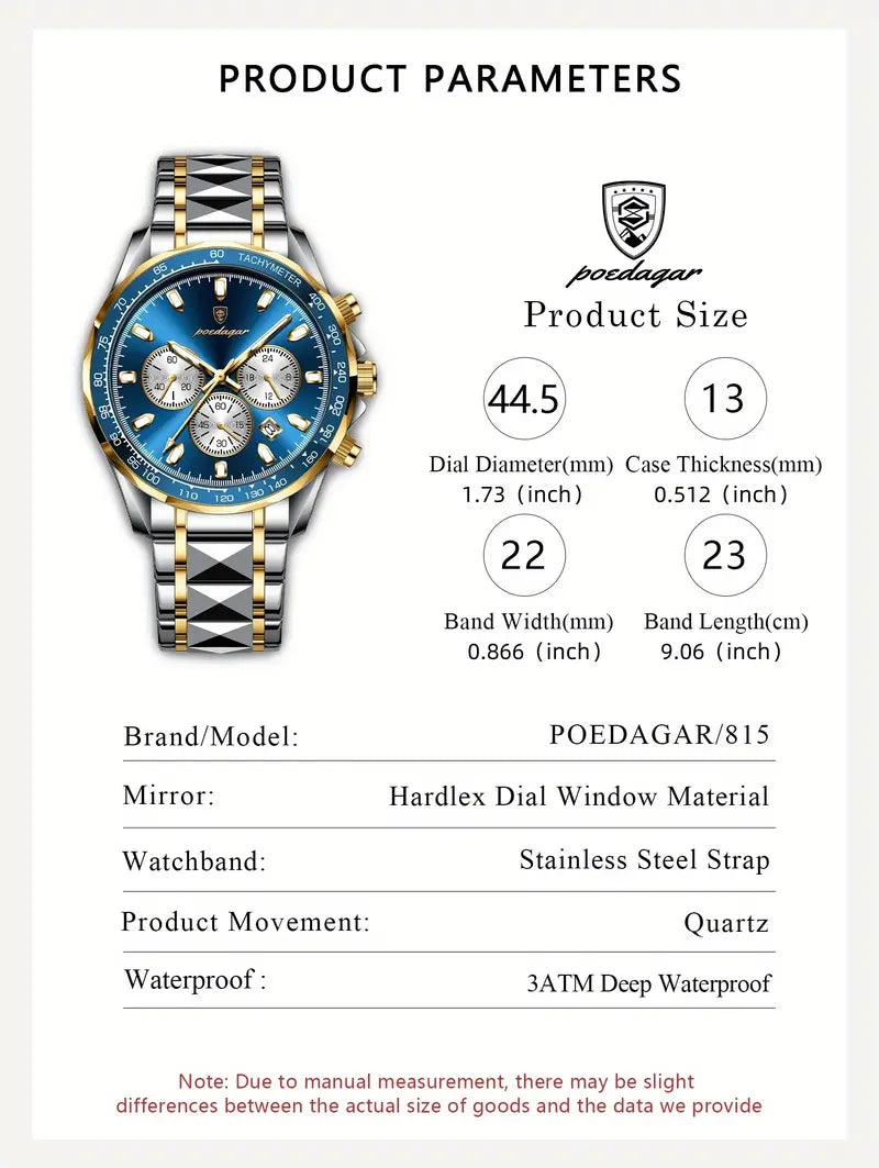 Poedagar Luxury Sports Men's Watch Waterproof Night Light Date Multi functional Timer Stainless Steel Strap Casual Fashion Quartz Material Men's Watch