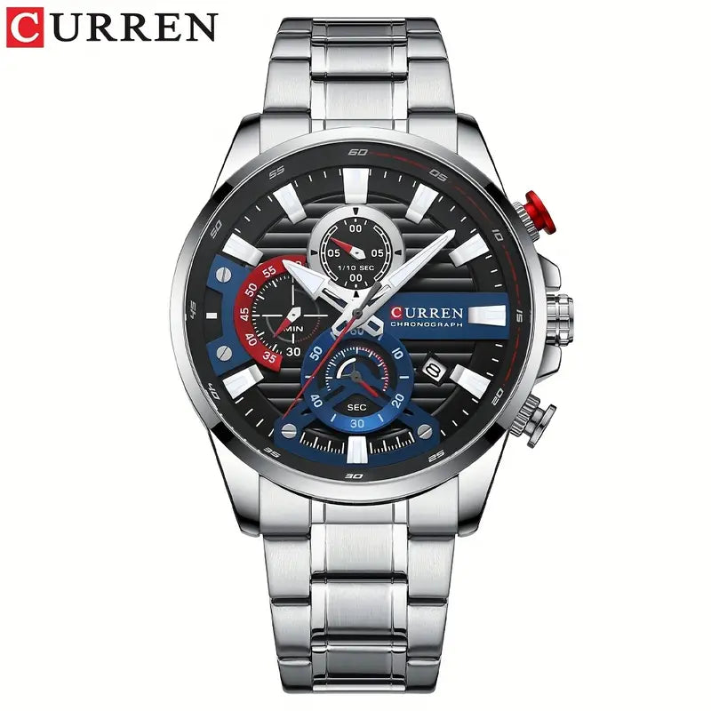 CURREN 'S Luxury Stainless Steel Business Watch with Luminous Hands, Date Display, And Multi-Function Timer - Black Dial, Red Accents, Quartz Movet, Battery-Powered, Stylish for Outdoor Parties, Party Accessory, Sophisticated Design, Durable Watch