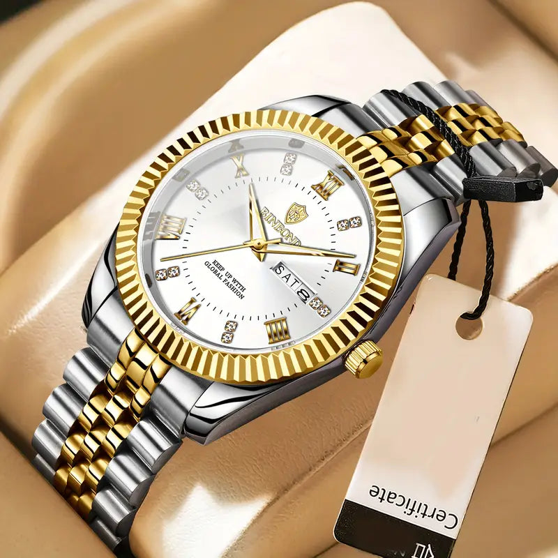 Men'S Casual Business Calendar Watch with Luminous Hands, Golden-Tone Alloy Case & Stainless Steel Strap - Waterproof, Battery-Powered, Date Display, Business Casual Wear|Luxurious Watch|Durable Watch