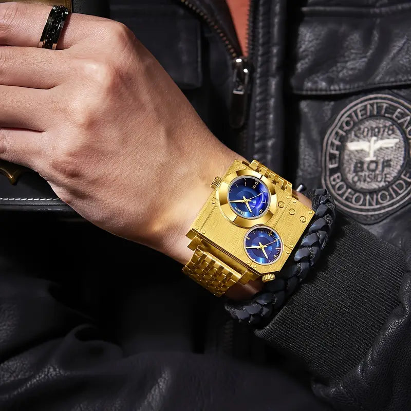 Oulm Large Dial Quartz Wrist Watch for Men - Stainless Steel Strap, Cool Handsome Style, 1181.1inch Water Resistance, Dual Time Zone Display, Electronic Movement, Business Casual Design