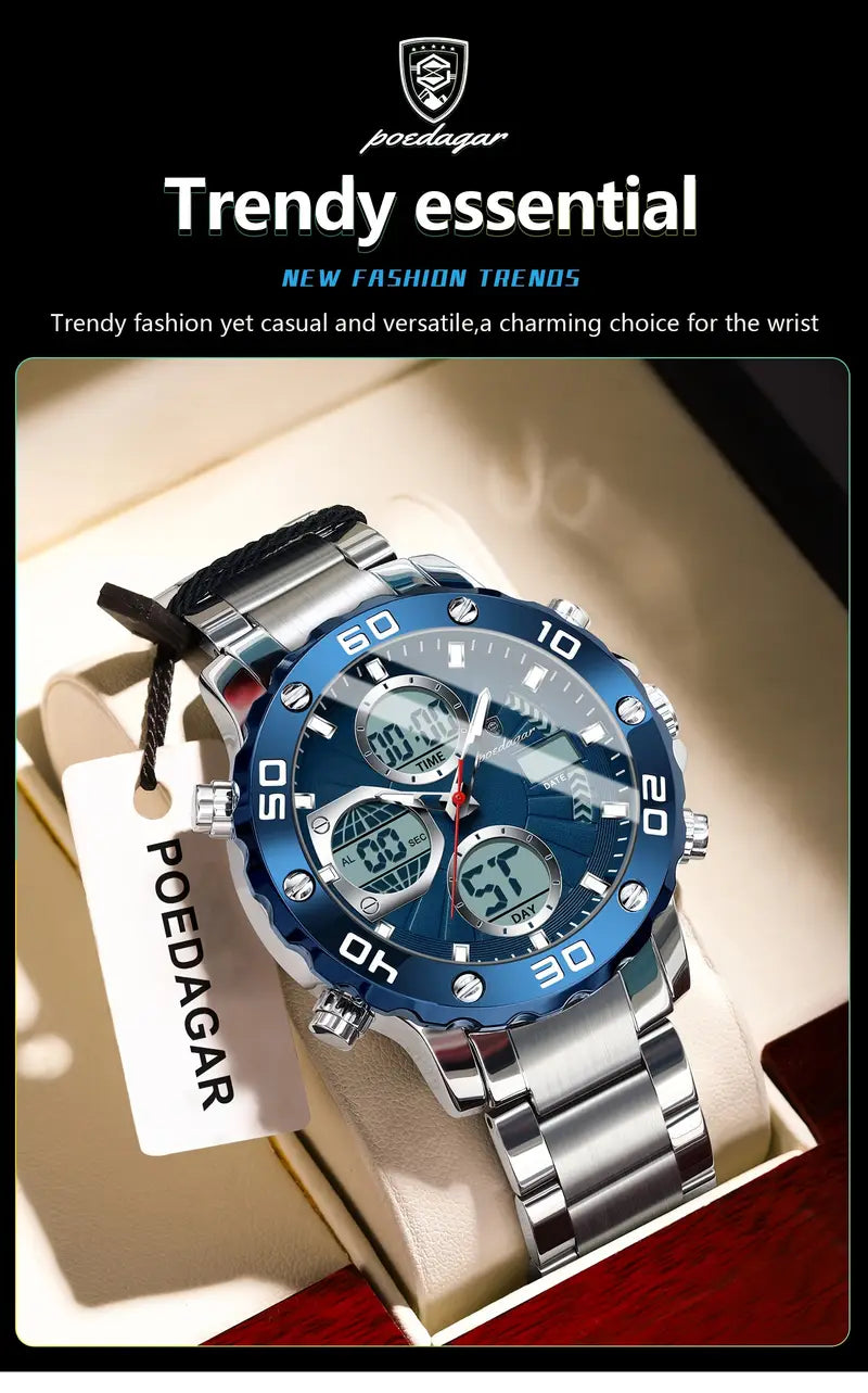 POEDAGAR Men'S Sports Watch, Stainless Steel Band, 3ATM, Digital Display, Alarm, Chronograph, Calendar, Multi-Function, Battery Powered, Non-Rechargeable, Alloy Case, Electronic Movement