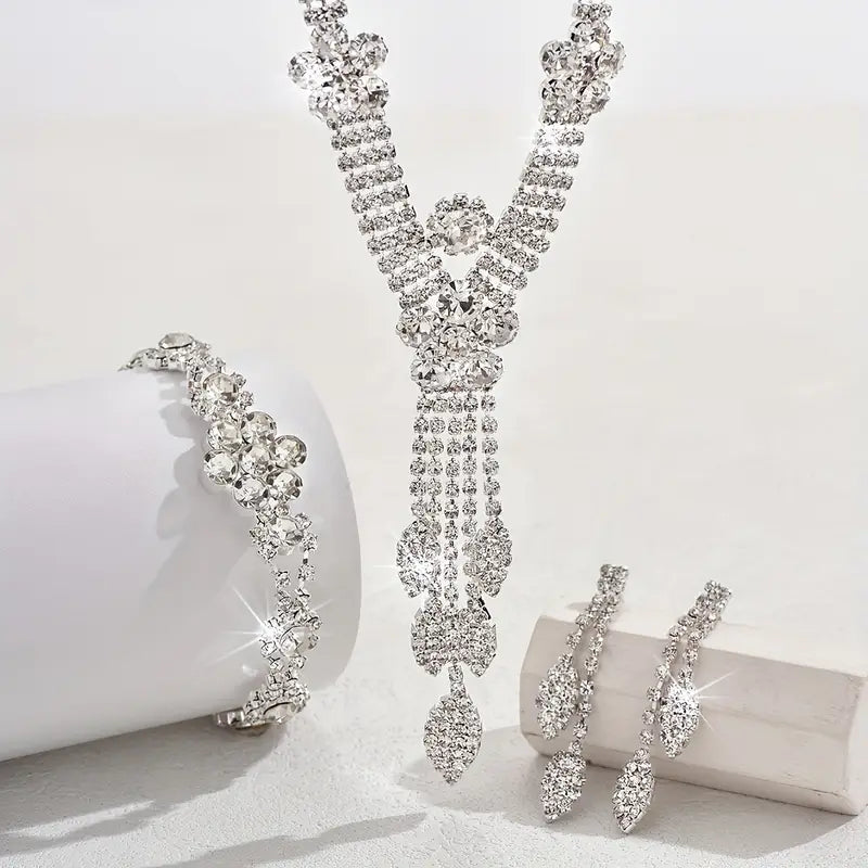 1 Necklace + 1 Pair of Earrings + 1 Bracelet New Simple Fashion Wedding Bridal Set Korean Style Jewelry Neck Chain