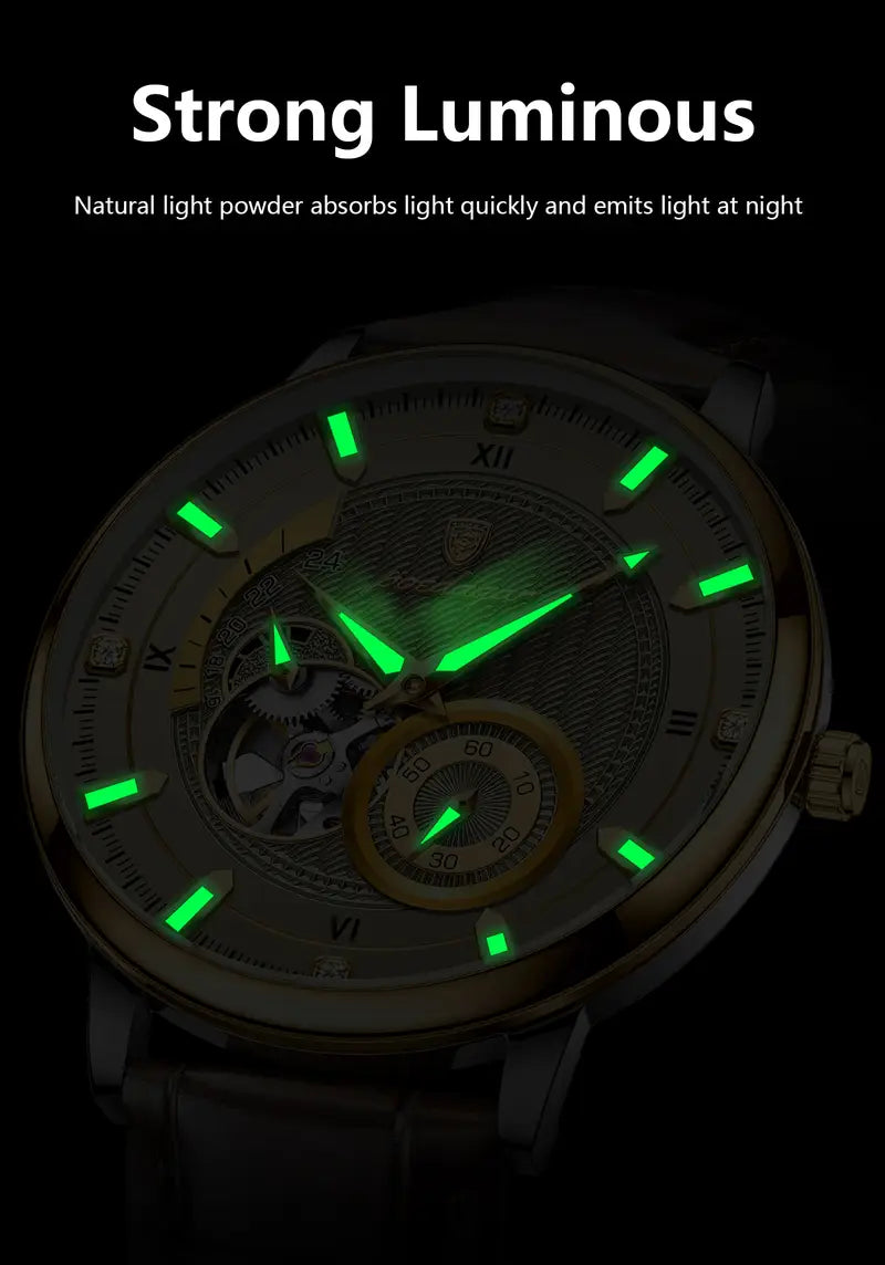 Poedagar Fashion Luxury Men'S Mechanical Watch, High-end Versatile, Waterproof Night Light Men'S Watch Hollow Turbine Automatic Mechanical Watch, Without Battery