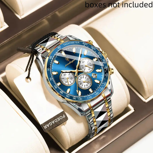 Poedagar Luxury Sports Men's Watch Waterproof Night Light Date Multi functional Timer Stainless Steel Strap Casual Fashion Quartz Material Men's Watch