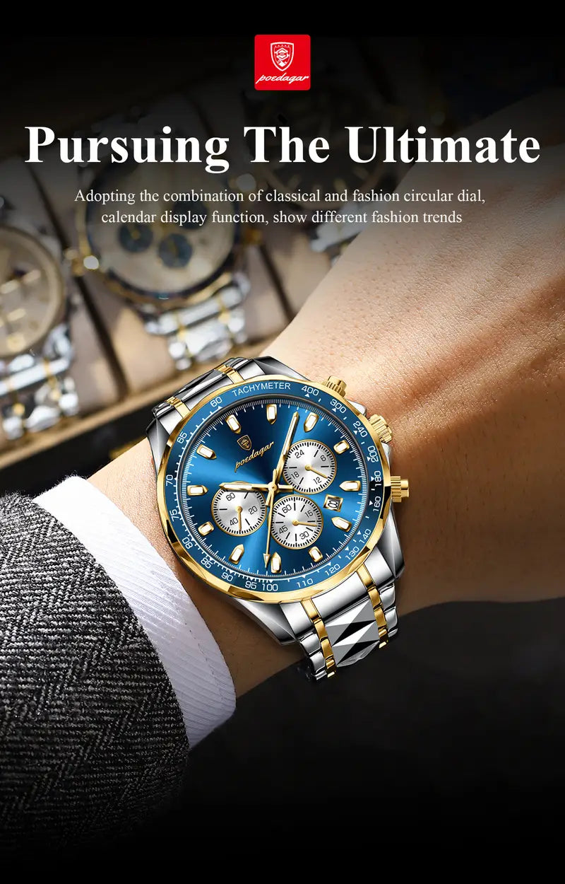 Poedagar Luxury Sports Men's Watch Waterproof Night Light Date Multi functional Timer Stainless Steel Strap Casual Fashion Quartz Material Men's Watch